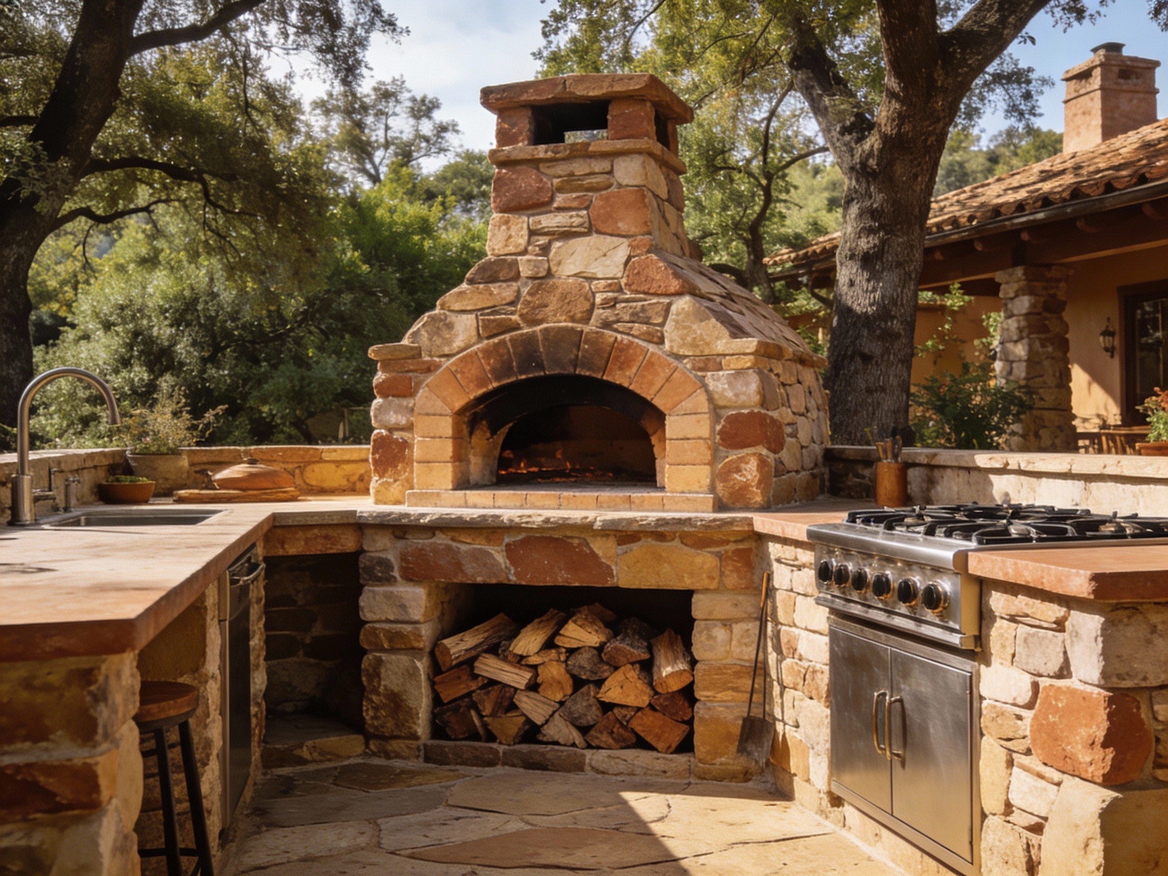 Custom outdoor kitchen with grill and bar seating